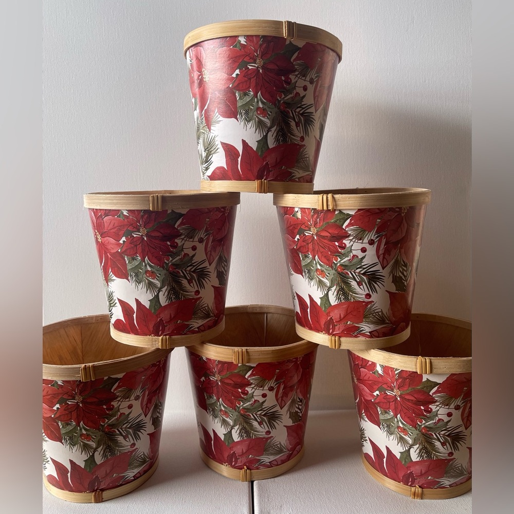 Six (6) Christmas Poinsettia Festive Red and White Floral Buckets
